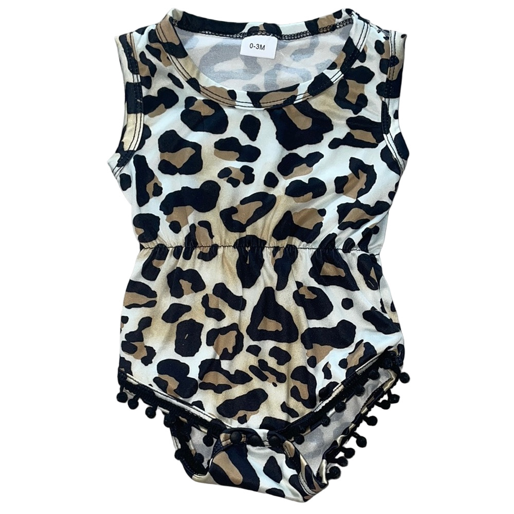 Leopard Print Baby Girls Pom-Pom Summer Romper 0-3 Months